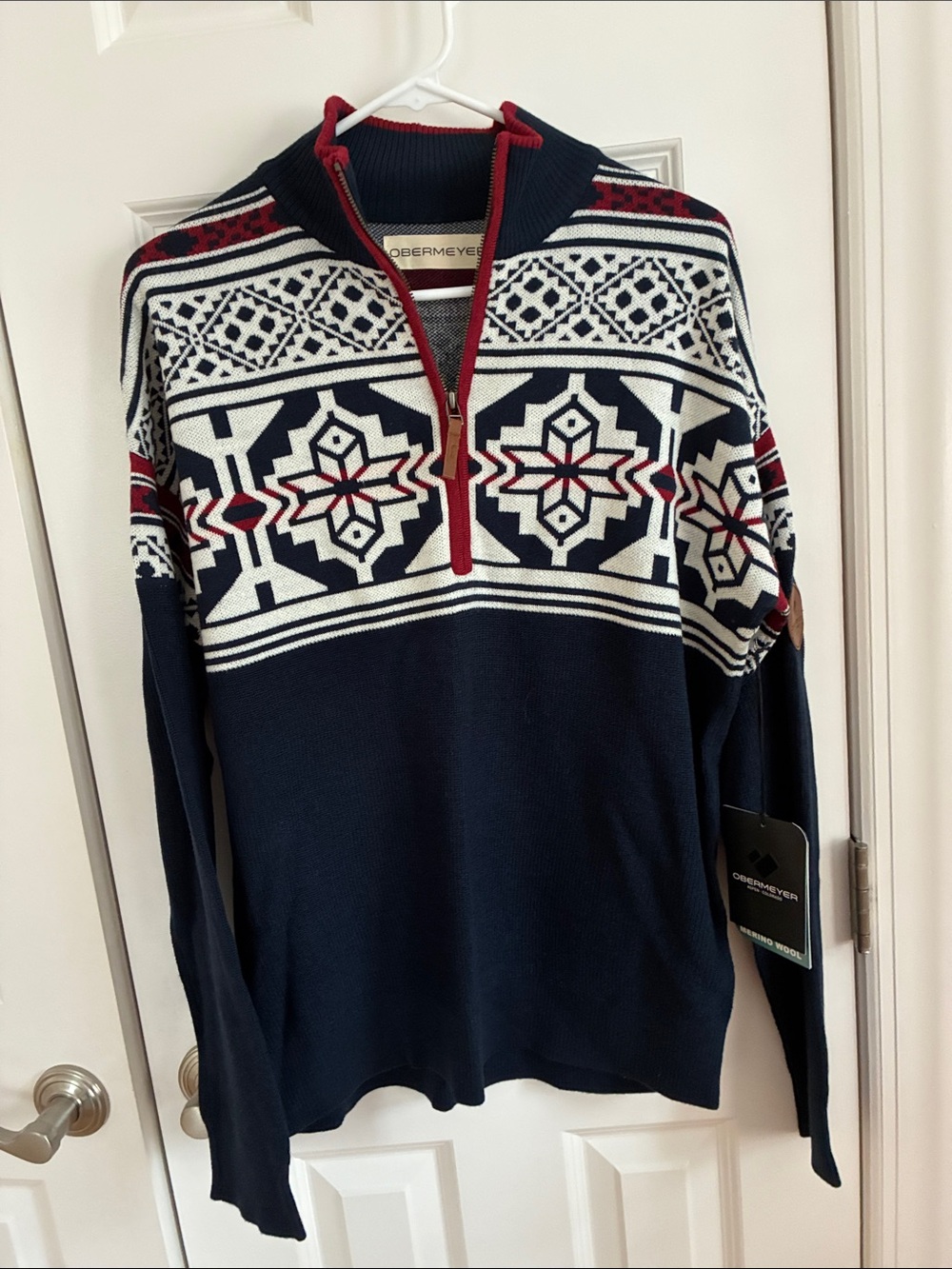 Obermeyer Men's Navy Zip Sweater with White and Red Fair Isle